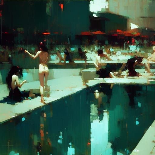 People at Swimming Pool in Tonalist Style