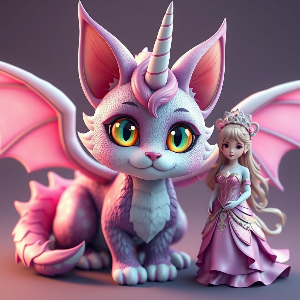 Fantasy Princess Surrounded by a Whimsical Cat Dragon in Vib...
