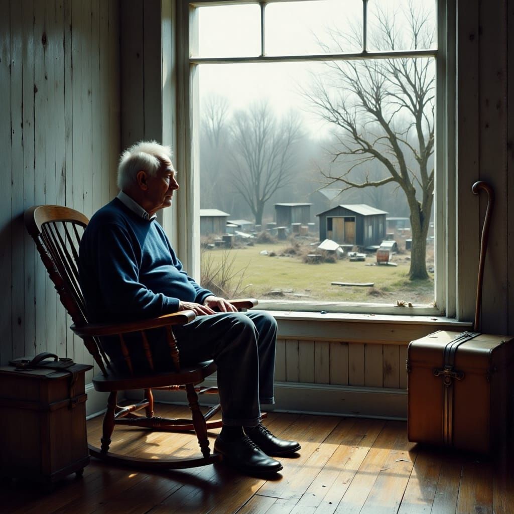Lonely Old Man Watches Farmhouse Belongings Dispersed