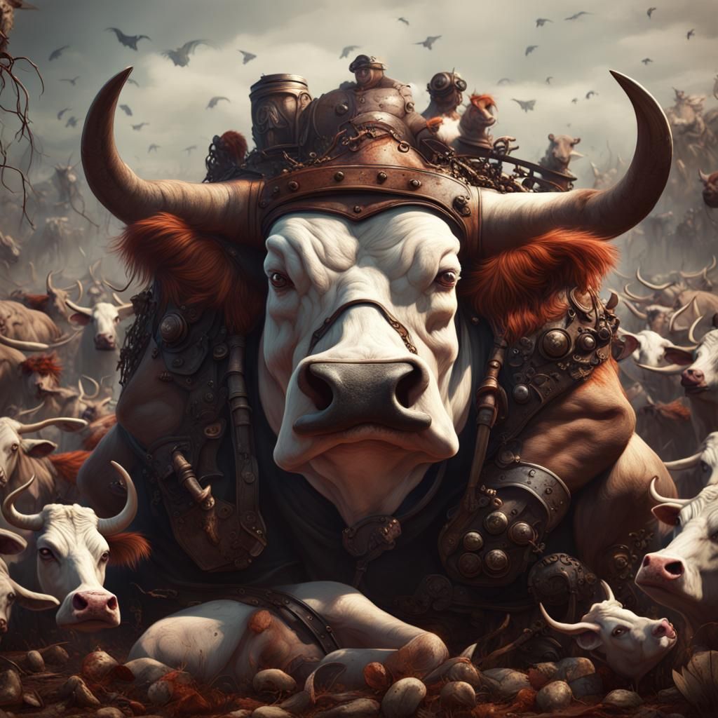 Butcher Surrounded by Butchered Cow Parts