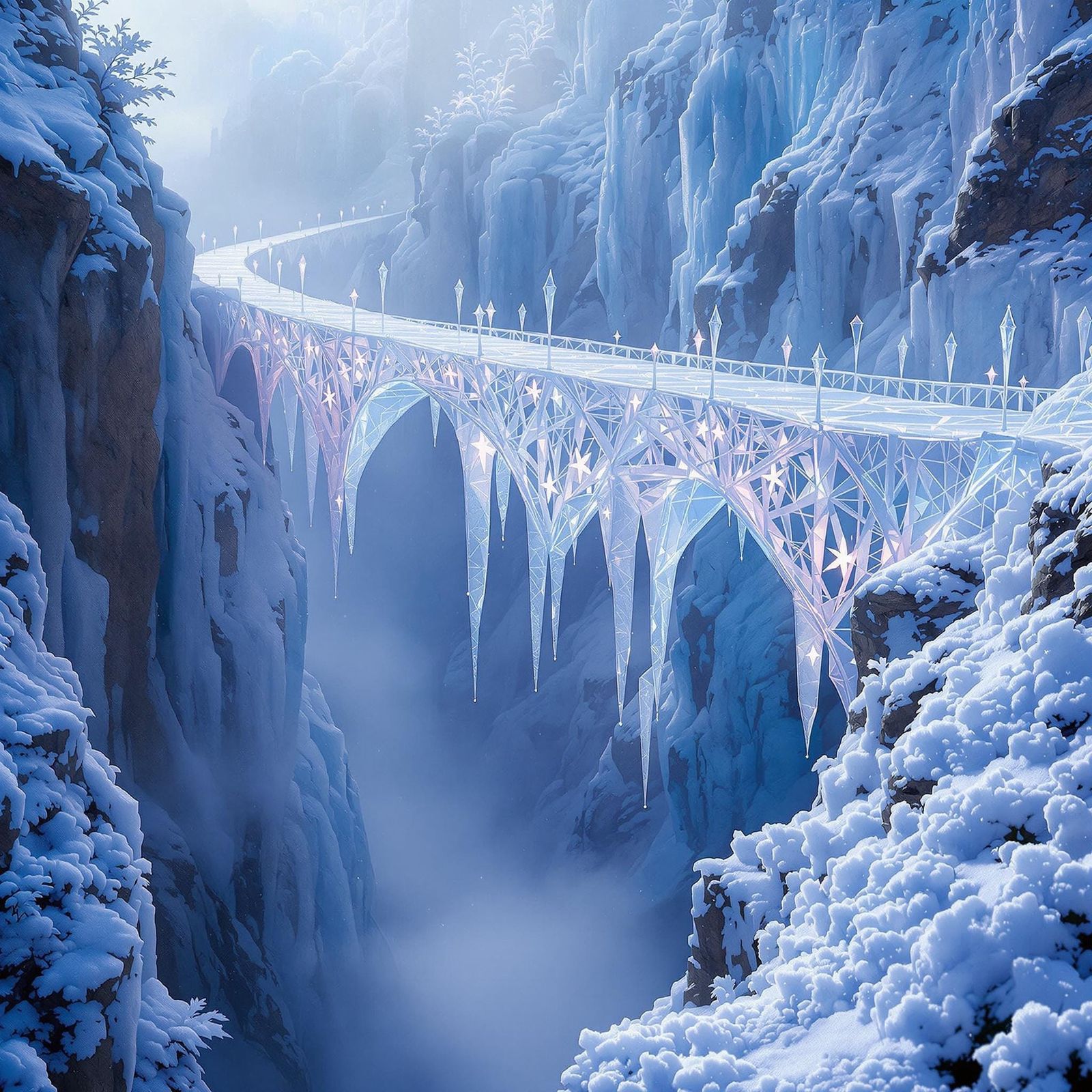 Ethereal Ice Bridge over Misty Ravine