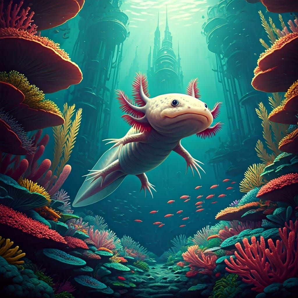Majestic Axolotl swims amidst Vibrant, Dreamlike Oceanic Sce...