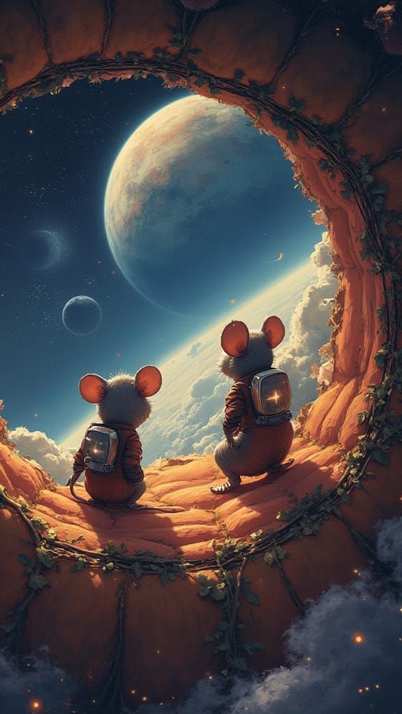 Mice Astronauts View Giant Planet from Pumpkin Spaceship