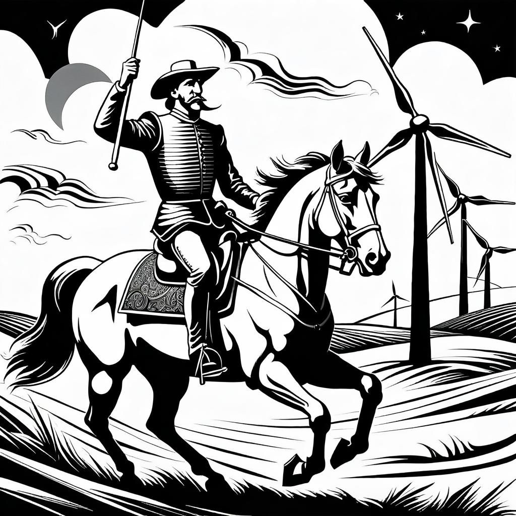 Don Quixote in Wind Farm, Picasso-Style Illustration