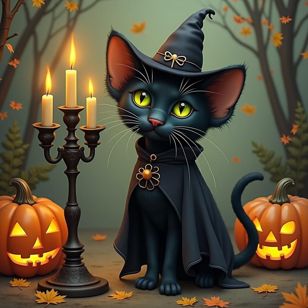 Whimsical Witch Cat in Gothic Halloween Scene