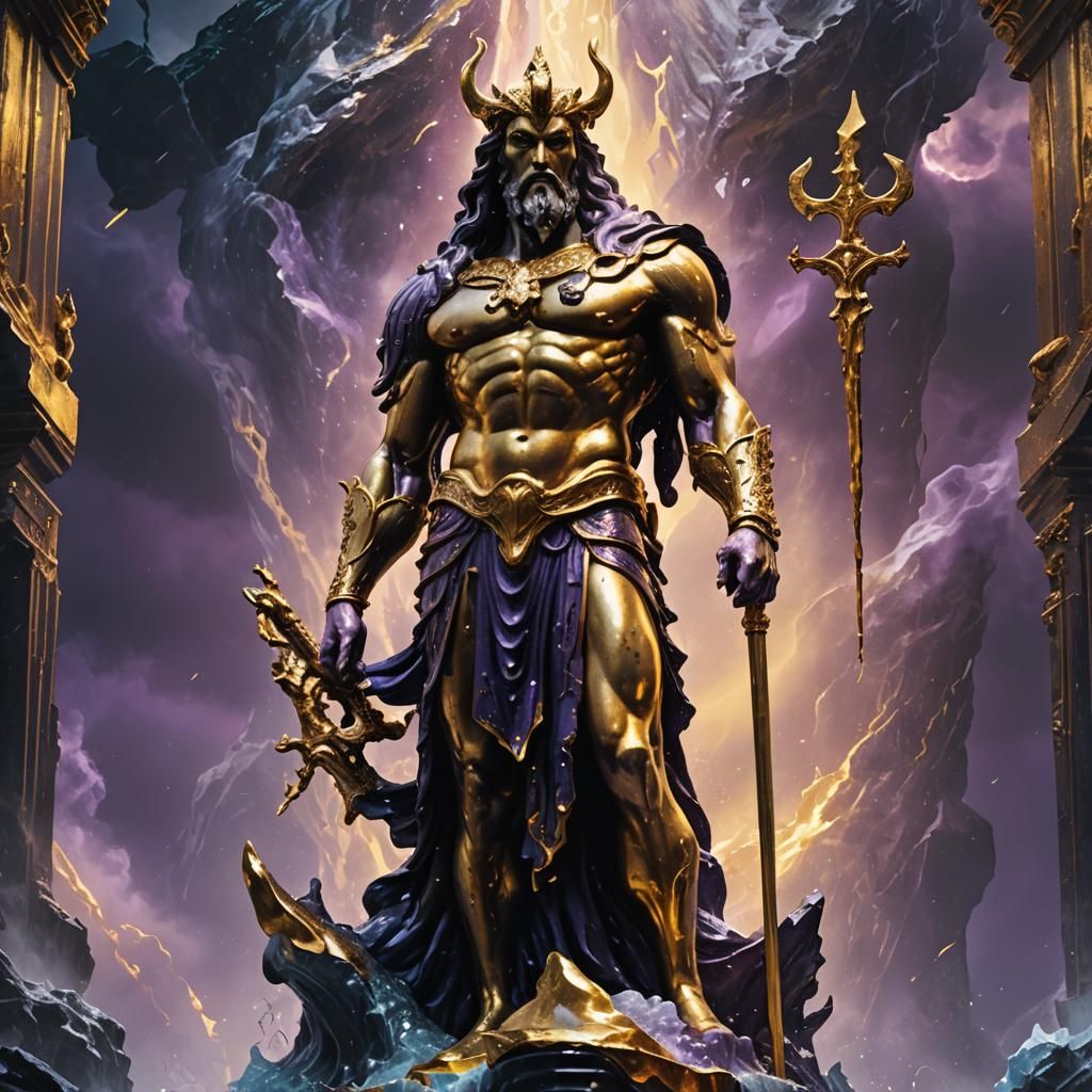 Golden Poseidon Statue with Leaking Blood: Dark Fantasy