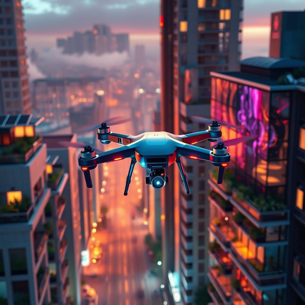 Futuristic Drone Flight Through Smart City at Sunset