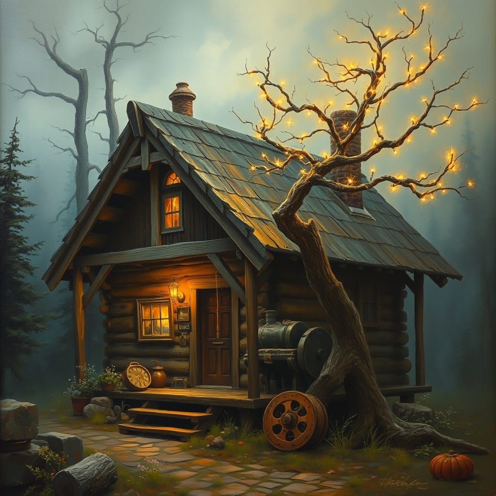 A steampunk cabin with an enchanting lights branch