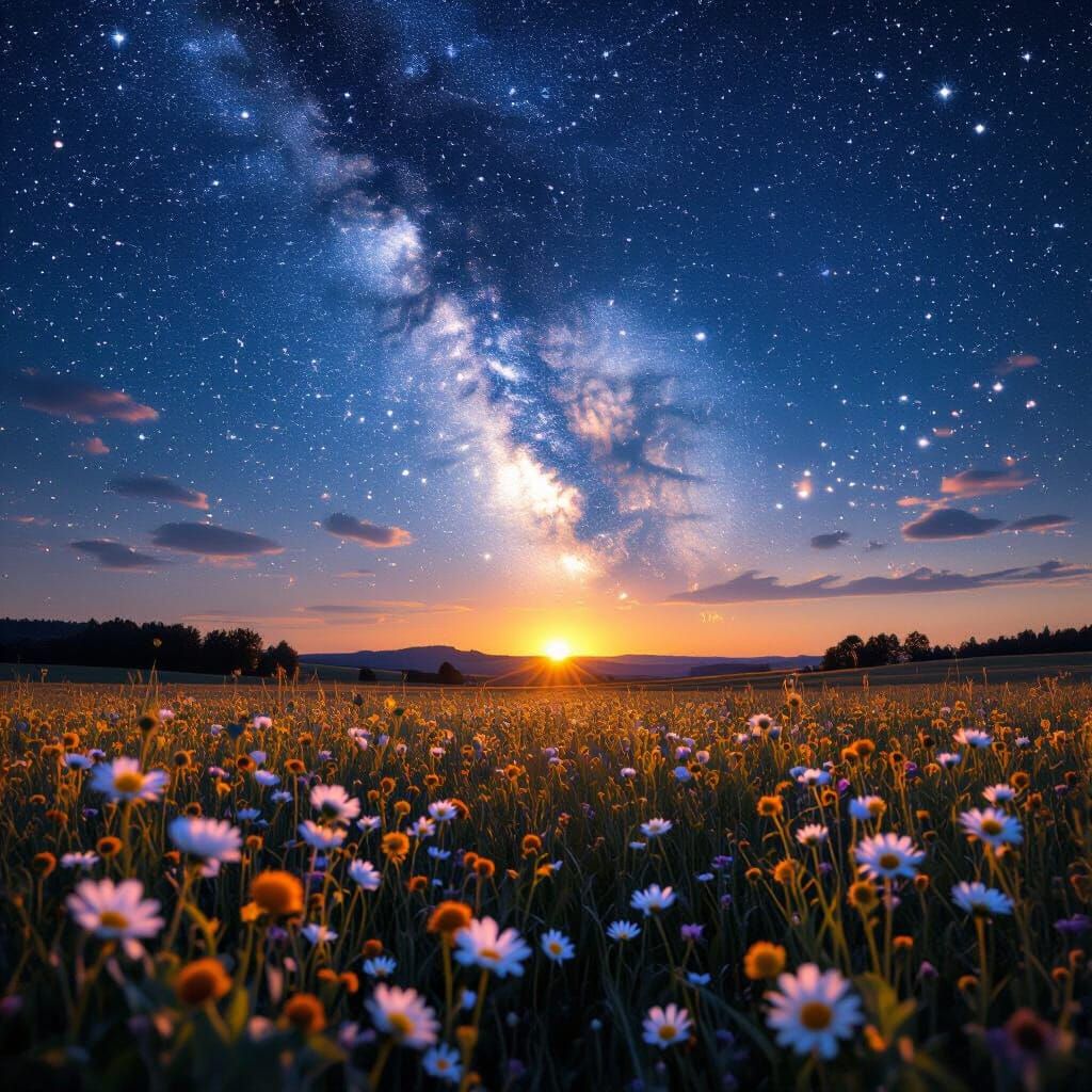 Starry Night Sky over Flower Field