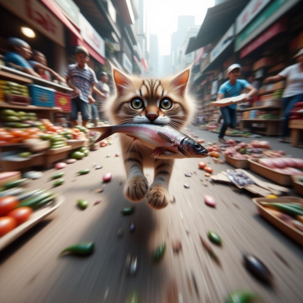 Hyperrealistic Cat Heist at the Market