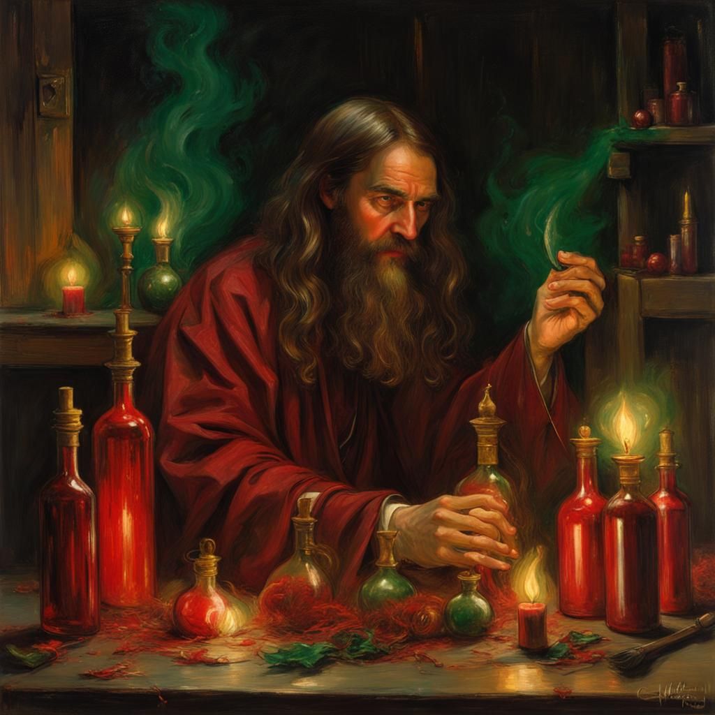 Wizard Creating Enchantments in Pre-Raphaelite Style