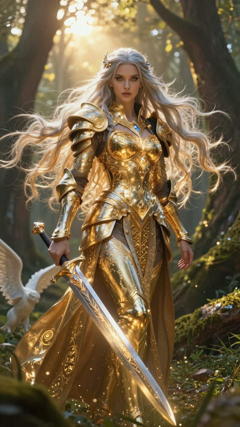 Majestic Warrior in Mystical Forest at Dawn