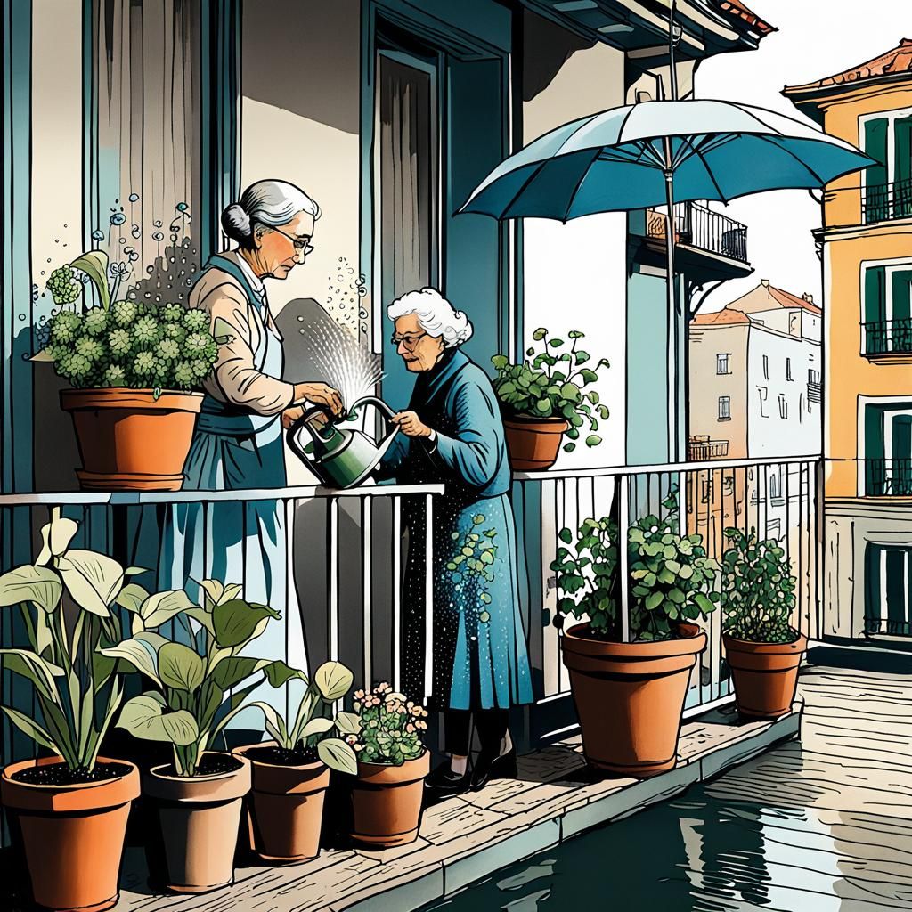 Ink Drawing of Balcony Splash in Comic Book Style