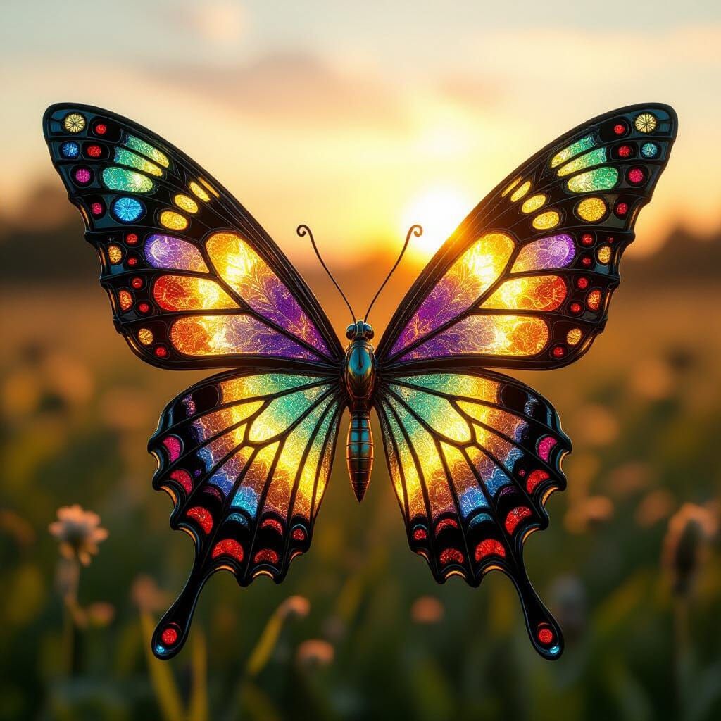 Surreal Biomechanical Butterfly with Stained Glass Wings