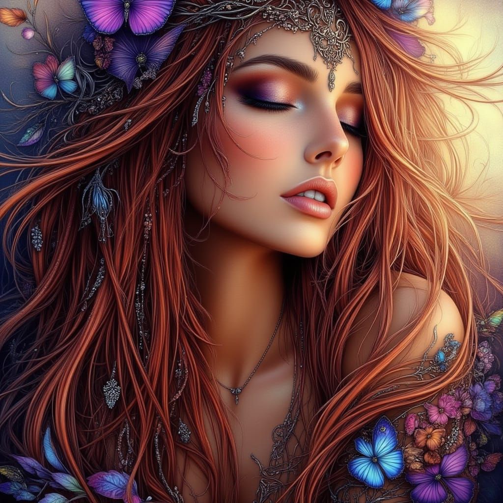 Bohemian Woman Reflecting on Life with Cascading Hair