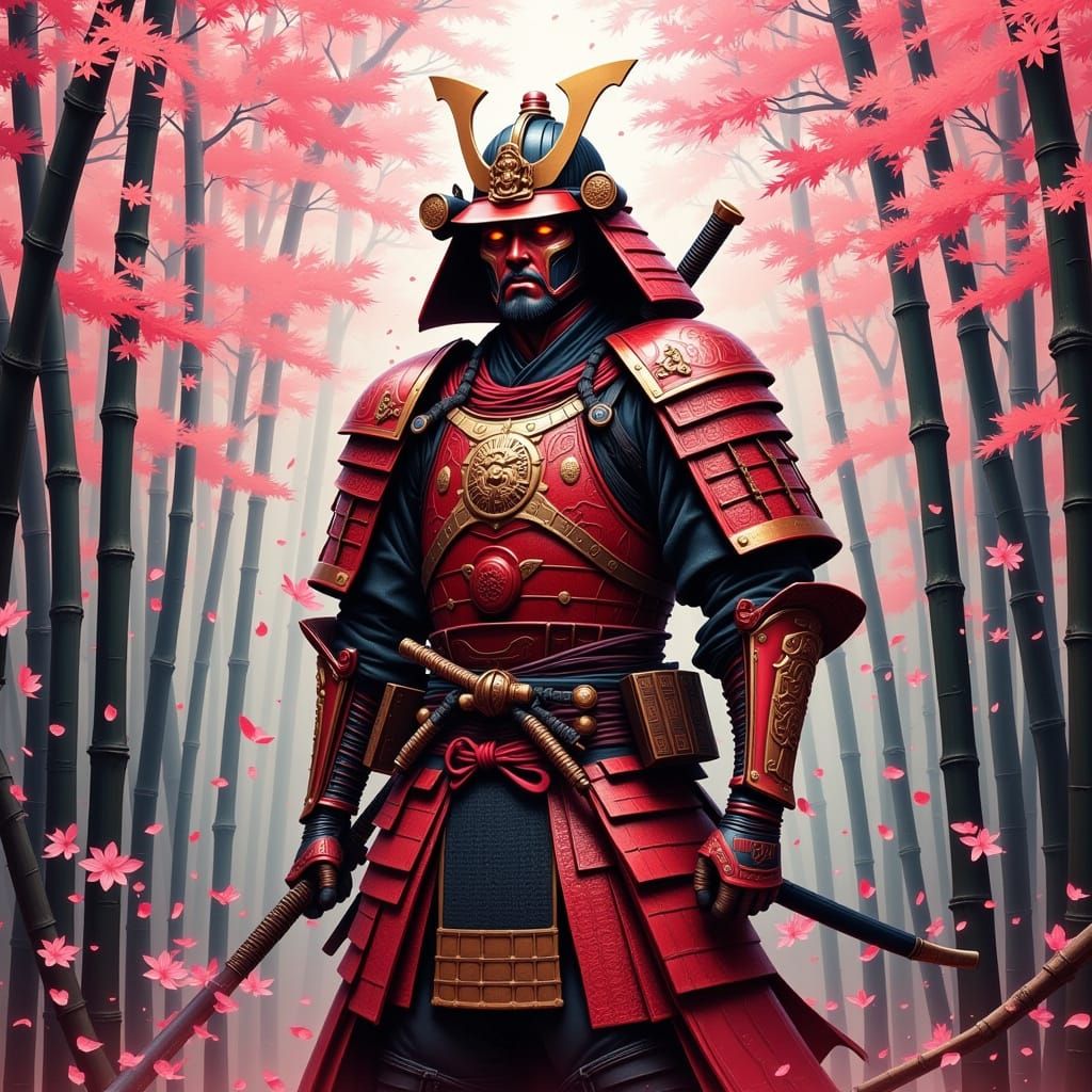 Samurai Warrior in Cherry Blossom Rain, Digital Painting