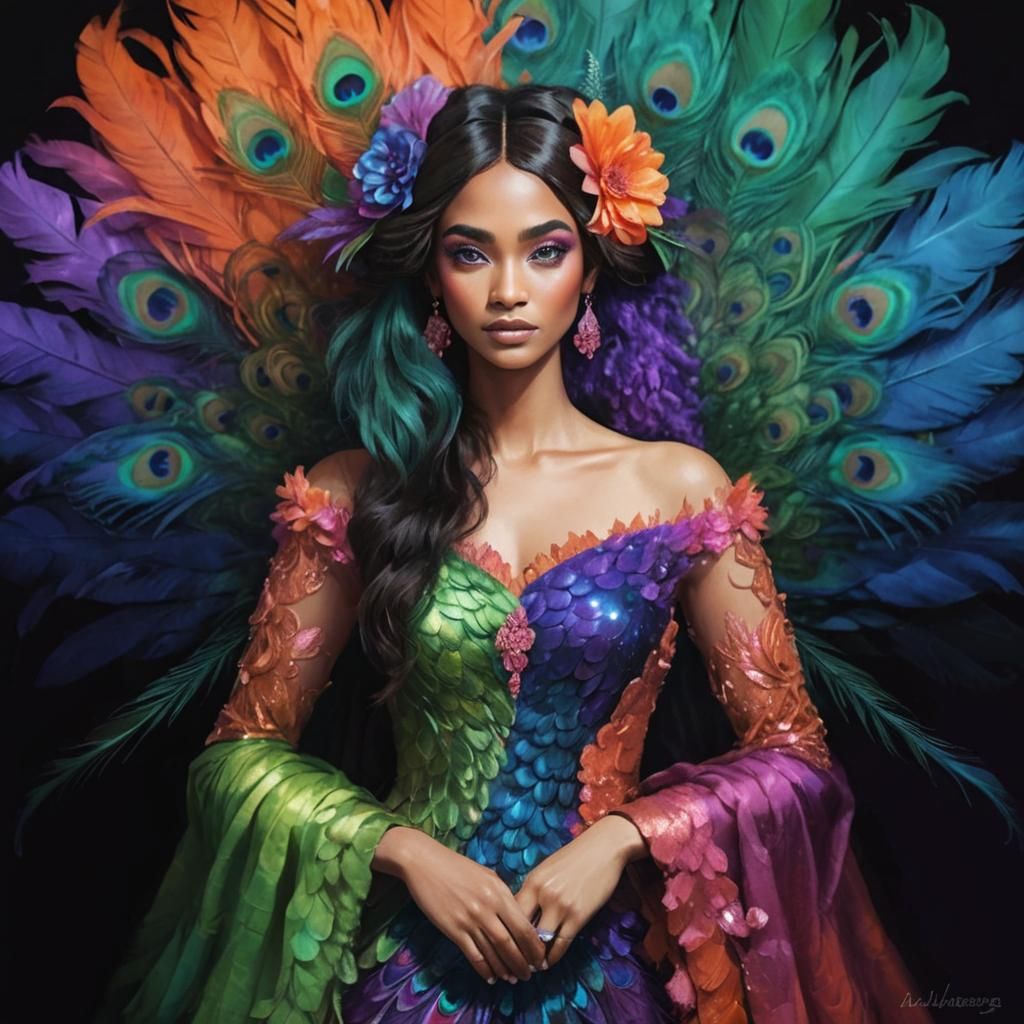 Peacock Haired Woman with Flower Crown, Digital Art