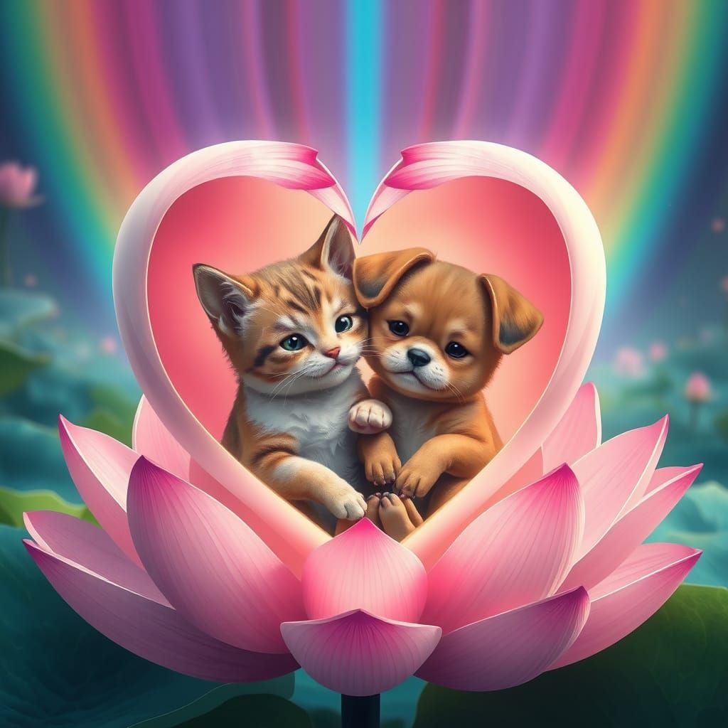 A cute cat and dog cuddling inside a heart-shaped lotus. A rainbow of lotus flowers in the background