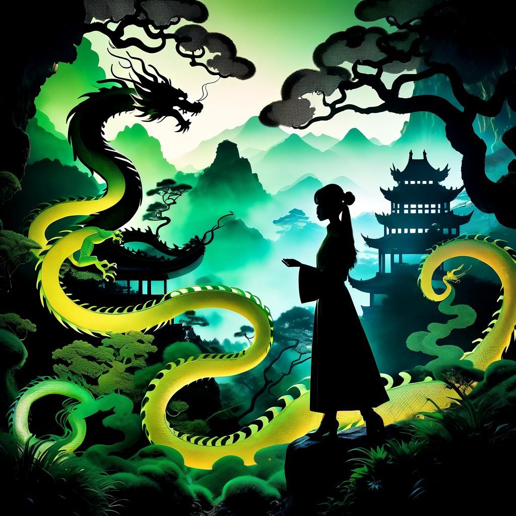 Psychedelic Silhouette: Dragon Serpent in Surreal Fantasy