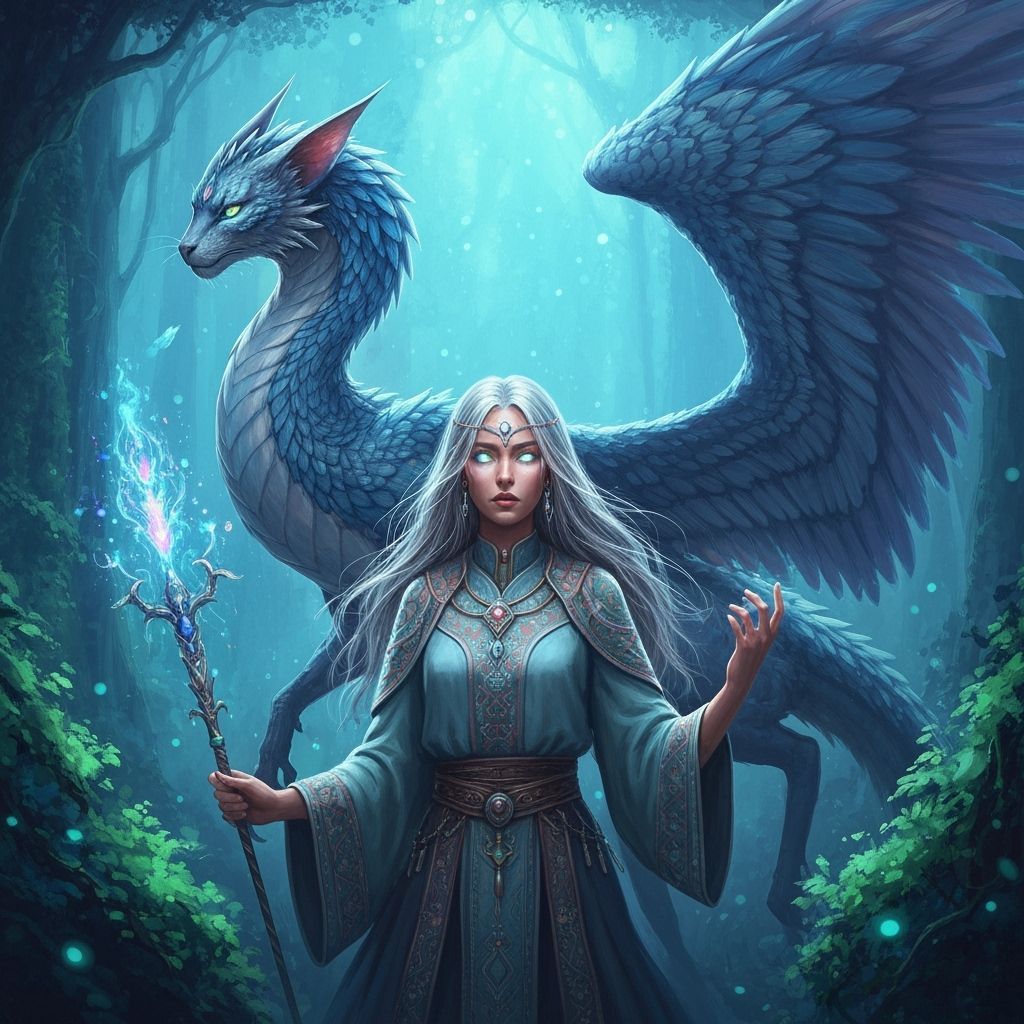 Priestess and Dragon in Bioluminescent Astral Forest