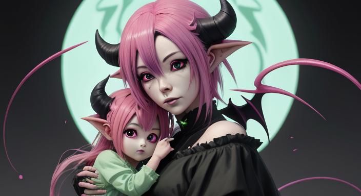 Anime Style Demon Mother and Child