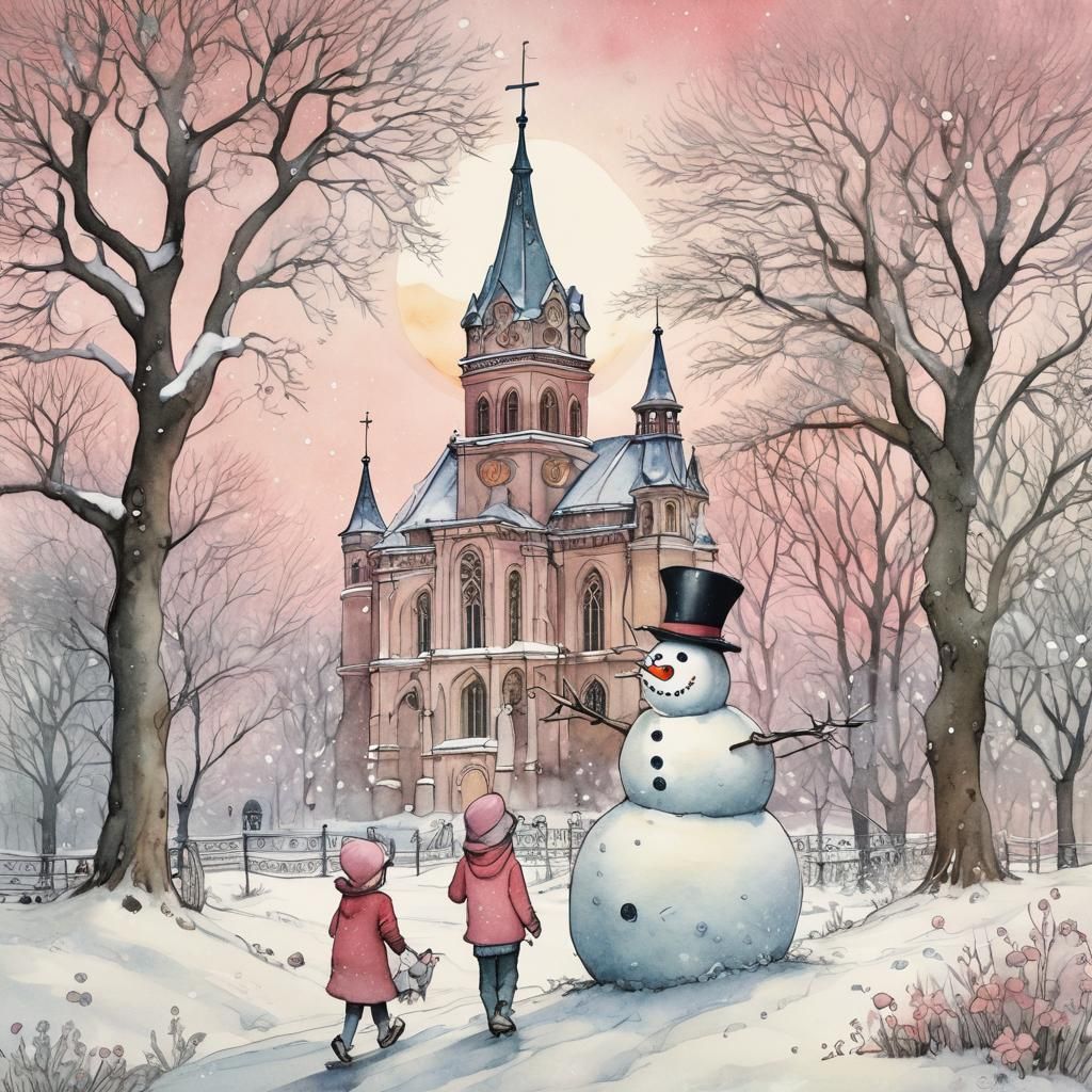 Whimsical Snow Day Illustration in Art Nouveau Style