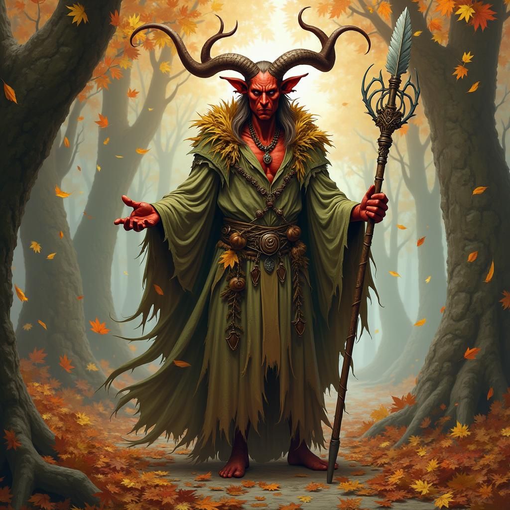 Tiefling Druid in Autumn Vortex, Organic Fantasy Art