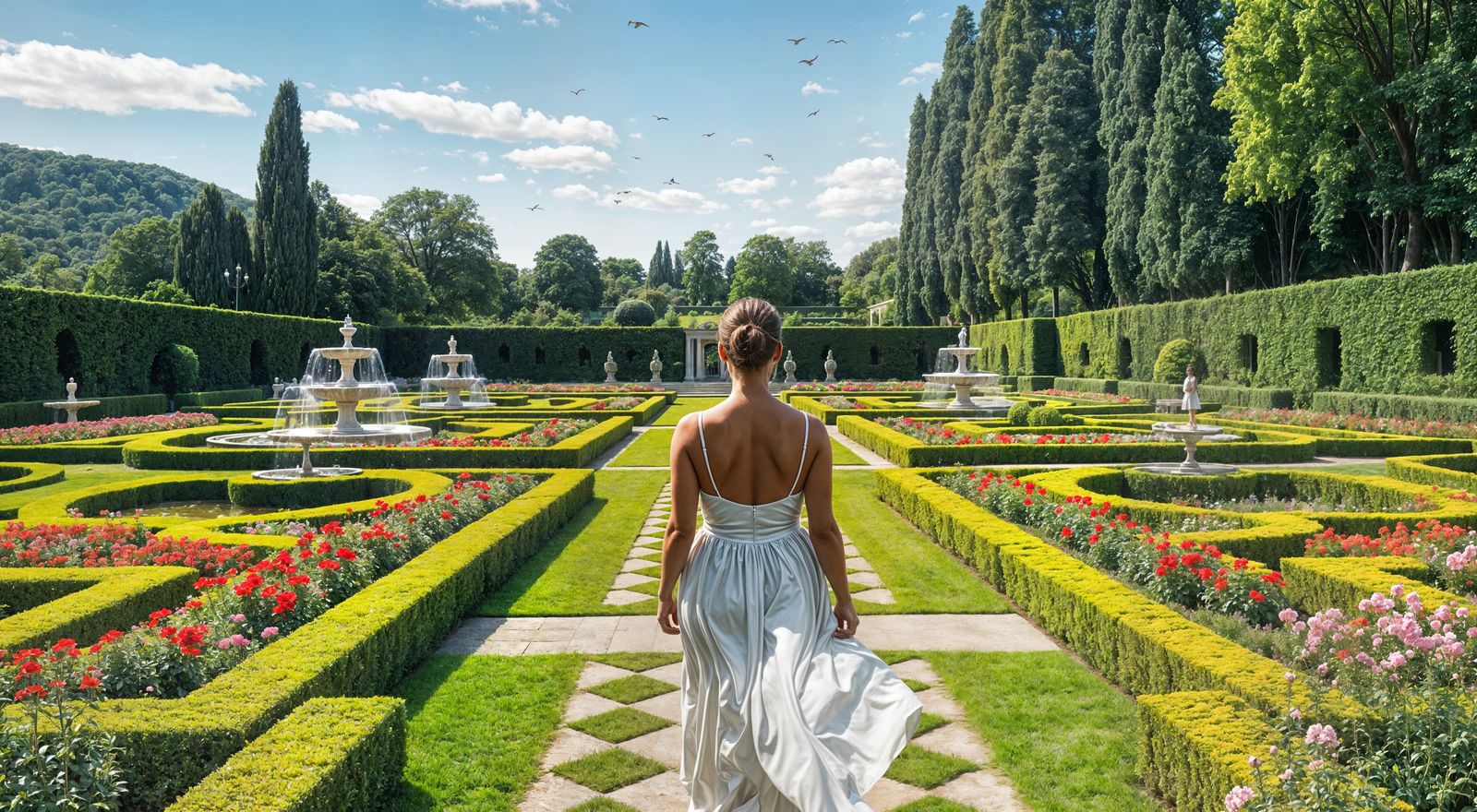 Photorealistic Serene Garden with Woman in White Dress