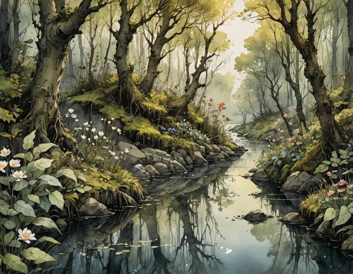 Spring Forest River in Watercolor and Ink