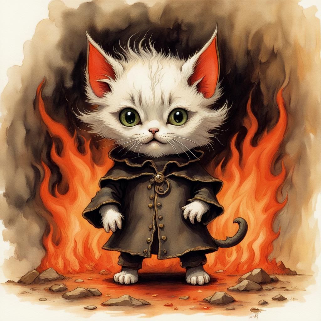 Adorable Devil Kitten in Hellscape, Monge Style