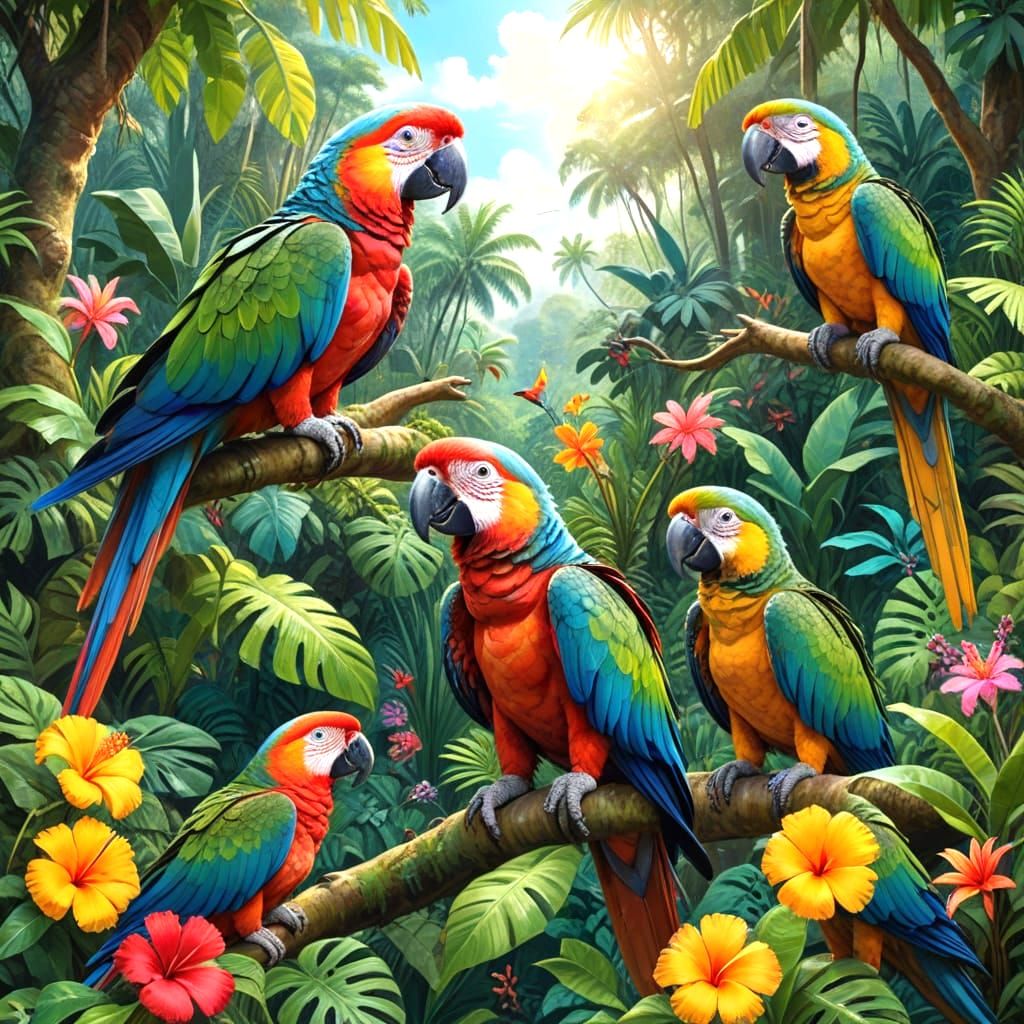 Tropical Jungle Paradise with Giant Tortoises and Parrots