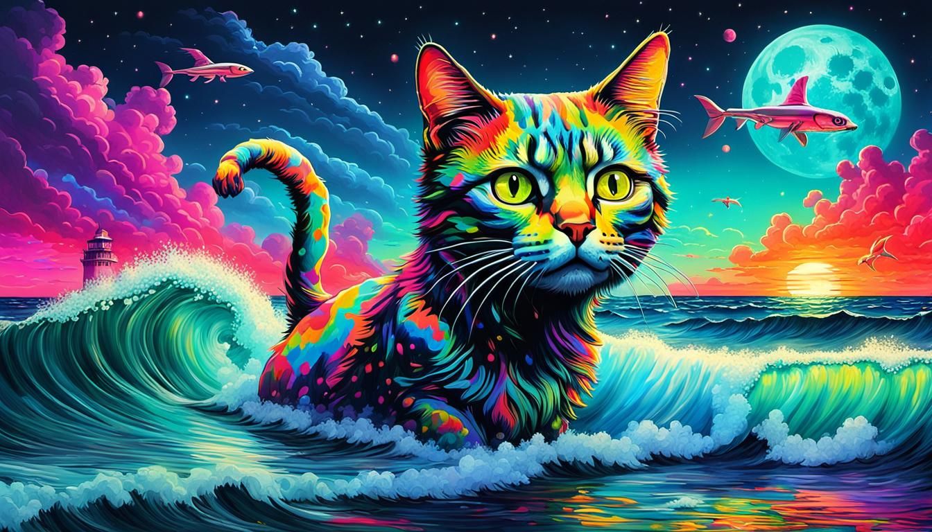 Night Cat Surfing Waves in Cyberpunk Candyland