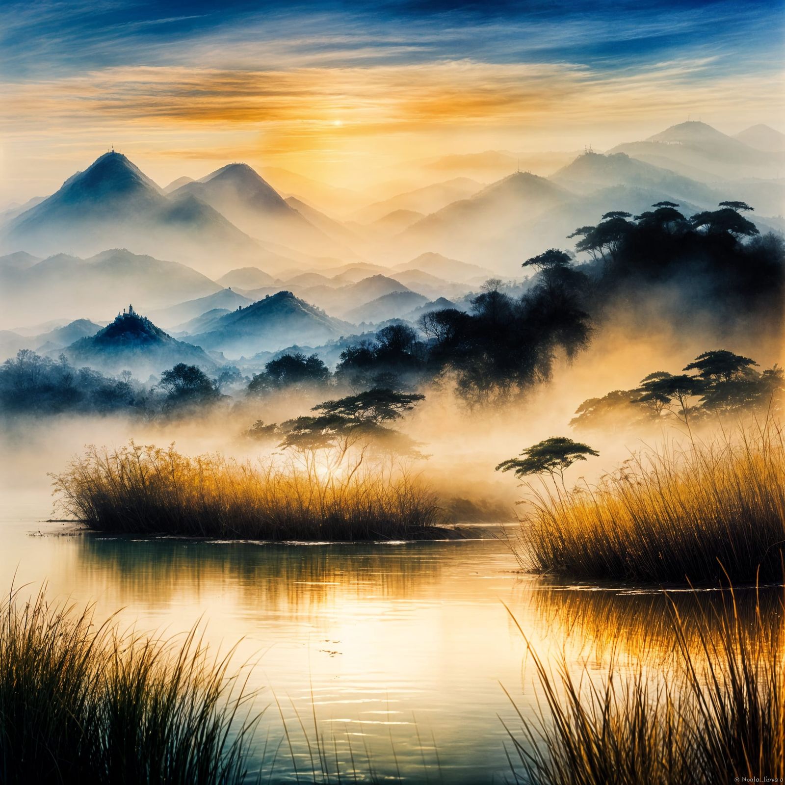 Sunrise Over Rice Fields in Chinese Painting Style