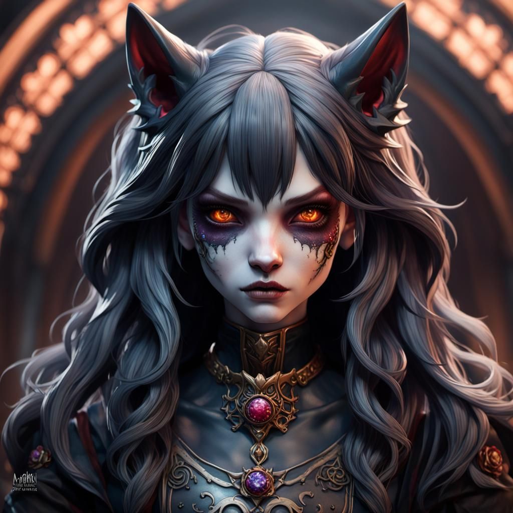 Gothic Hellhound Porcelain Doll: Hyperdetailed Portrait