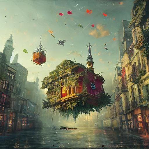 Surreal Scene with Floating Objects and Dreamlike Colors