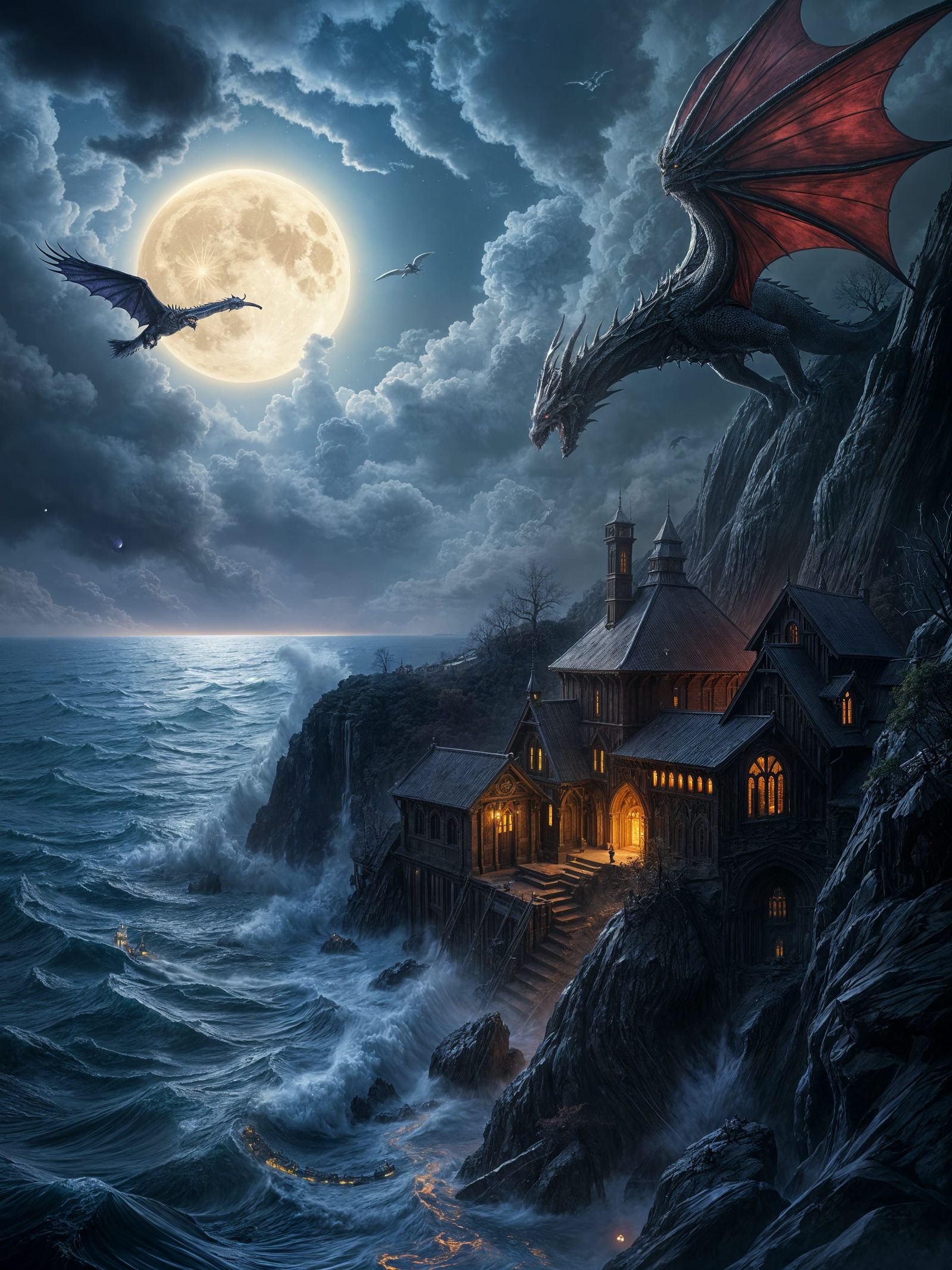 Dark Fantasy Village on Winding Coast with Dragon