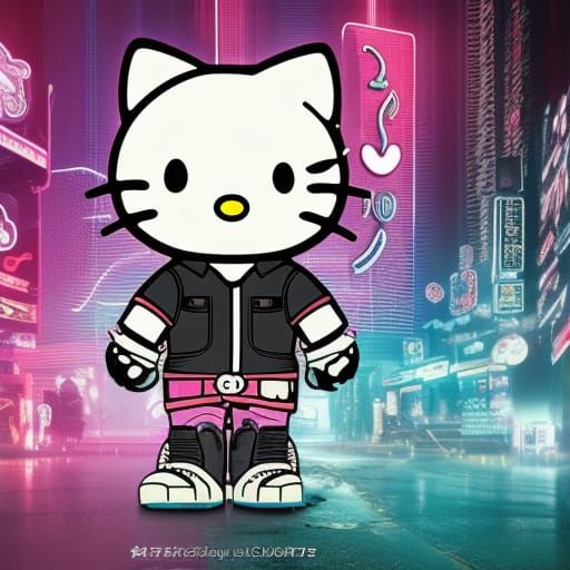 Hello Kitty in Cyberpunk 2099 Neon Style