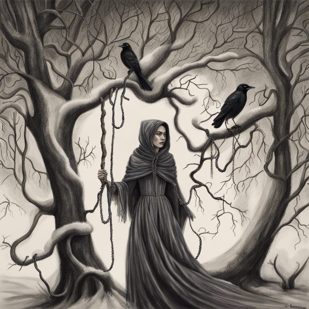 Woman Climbing to Noose in Snowy Forest