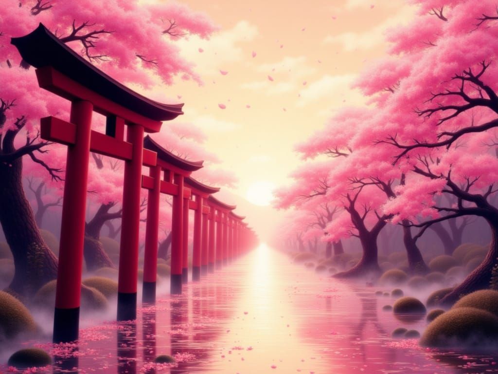 Ethereal Anime Landscape with Dissolving Torii Gates