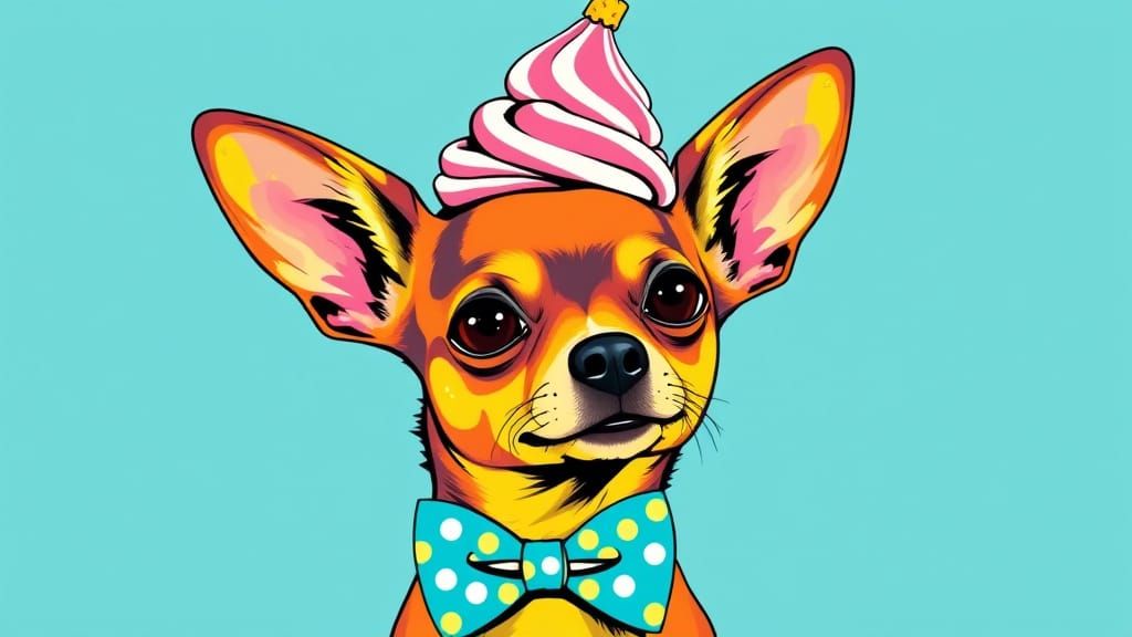 Pop Art Chihuahua in Polka-Dot Bow Tie and Ice-Cream Cone Ha...
