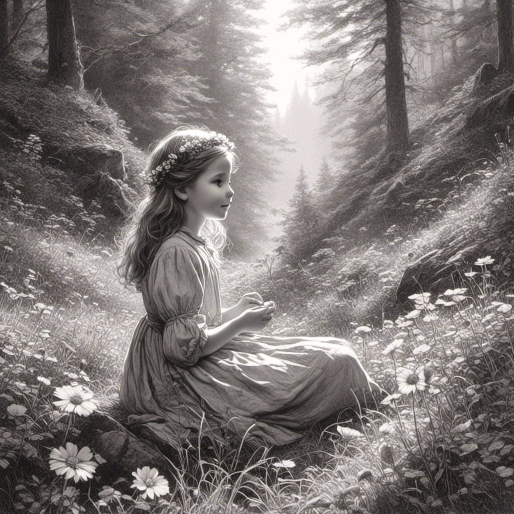 Pencil Drawing of a Girl in the Alps
