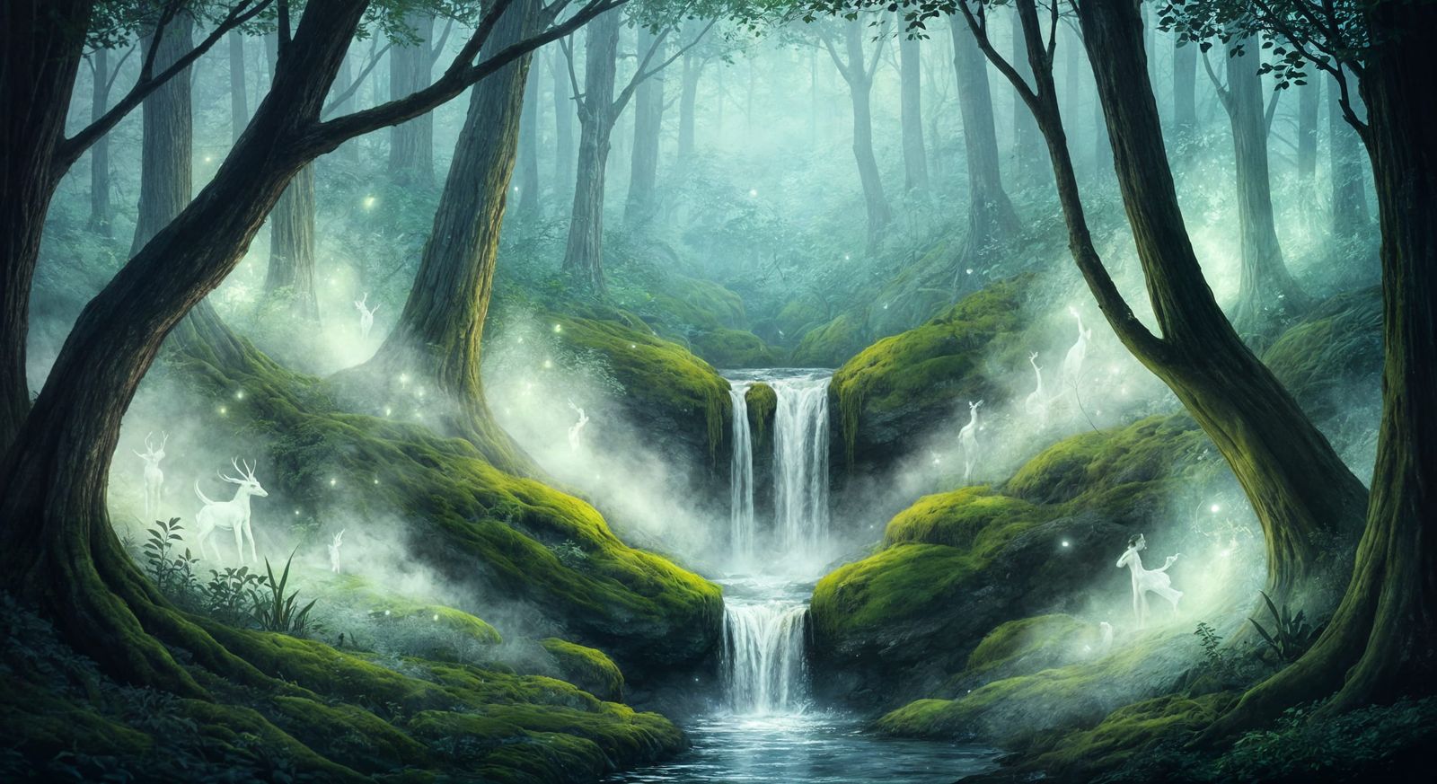 Enchanted Waterfall in Luminous Fog