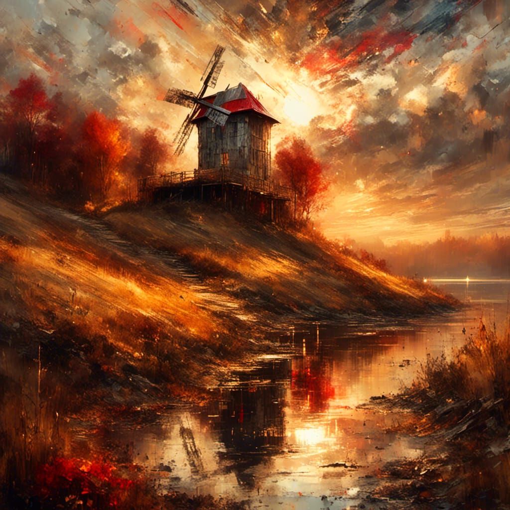Windmill House at Golden Hour: Impasto Painting