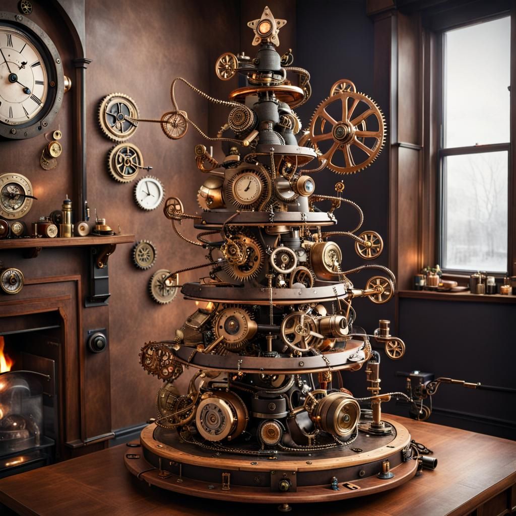 Steampunk Christmas Tree with Gears and Pipes