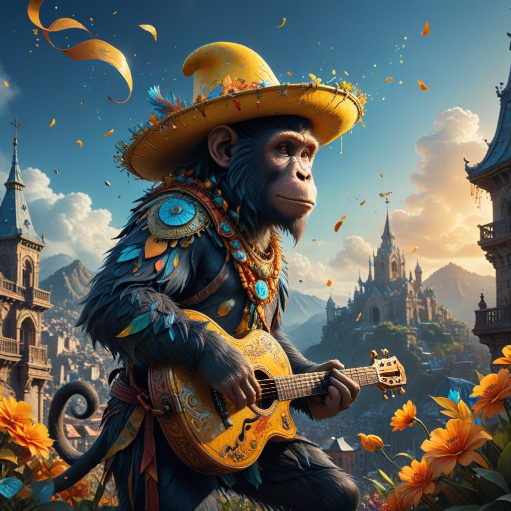 Monkey Fiesta Cityscape Double Exposure, Klimt Style