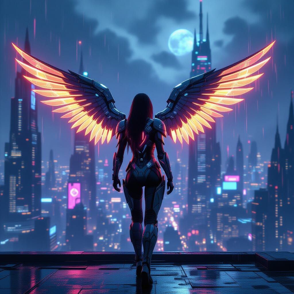 Cyberpunk Warrior with Energy Wings in Neon City