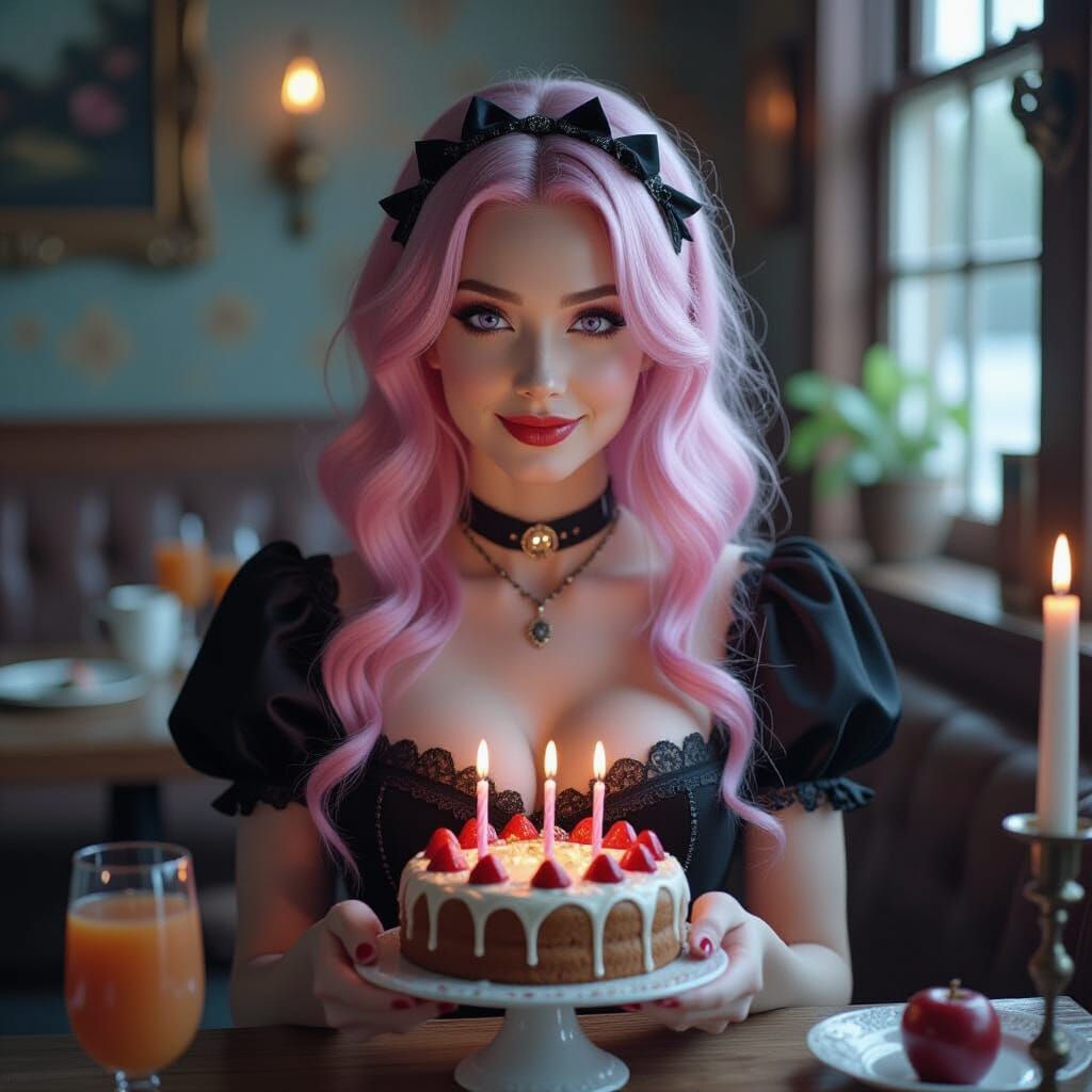 Gothic Birthday Celebration with Pink Haired Woman