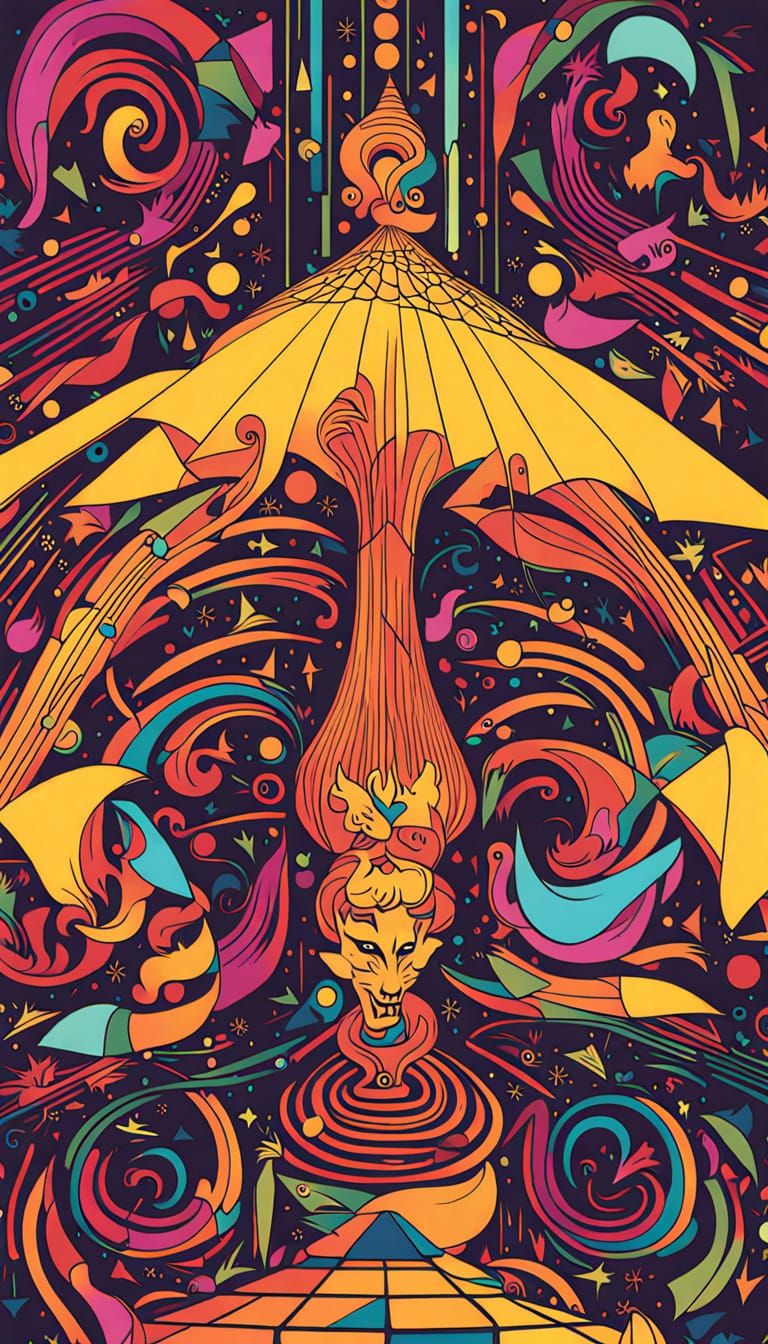 Yellow Jester Controls Dancing Puppets in Crimson Court