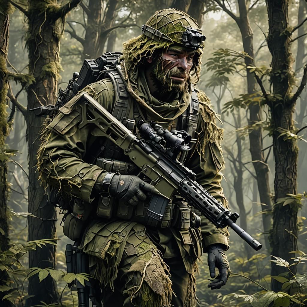 Ghillie Suit Sniper in Forest, Detailed Matte Painting