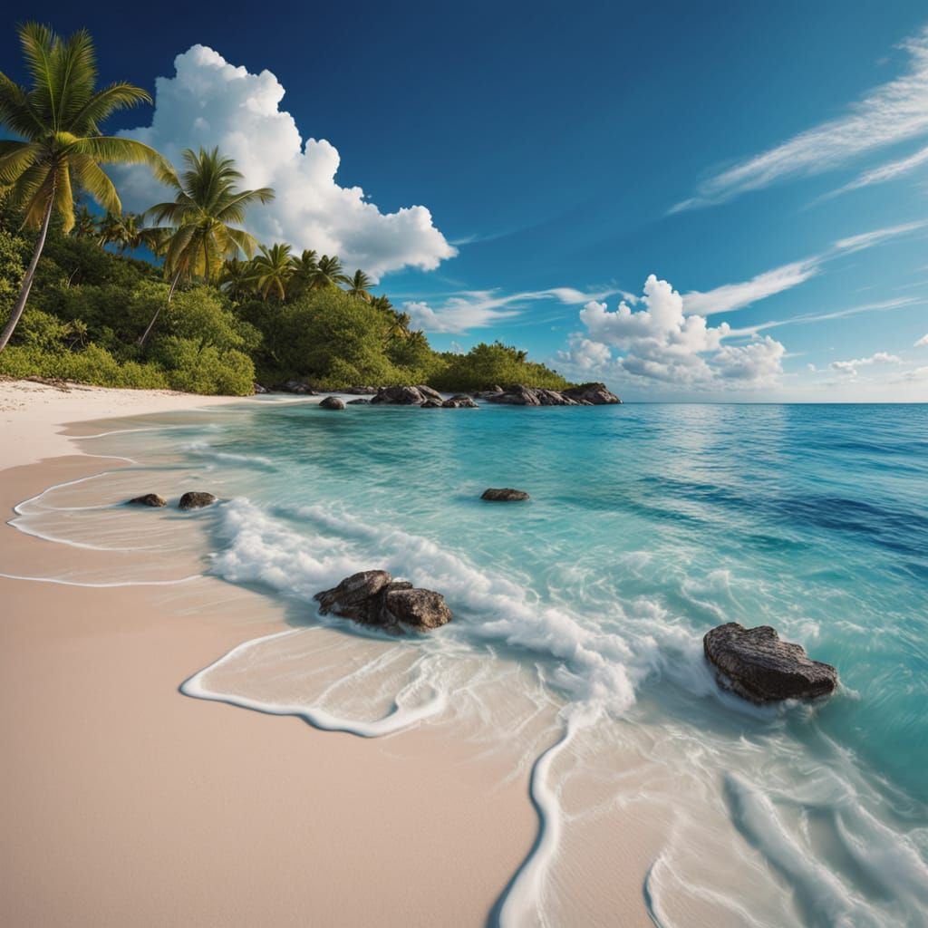 Tropical Beach Paradise in Oil Painting Style